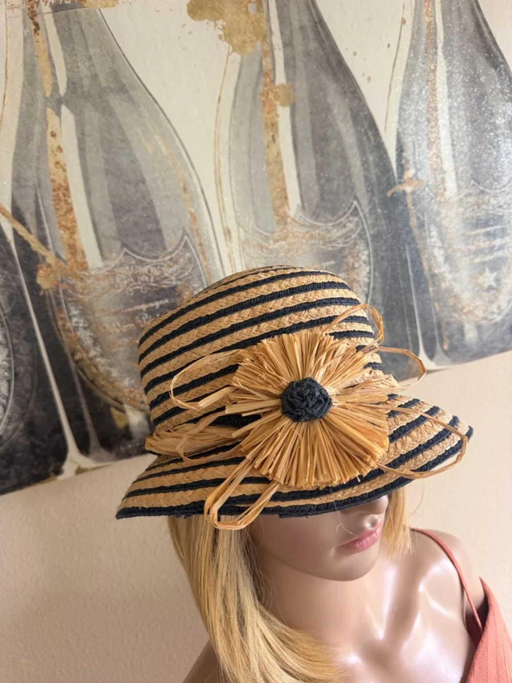 Stylish Black & Natural Straw Sun Hat with Decorative Flower